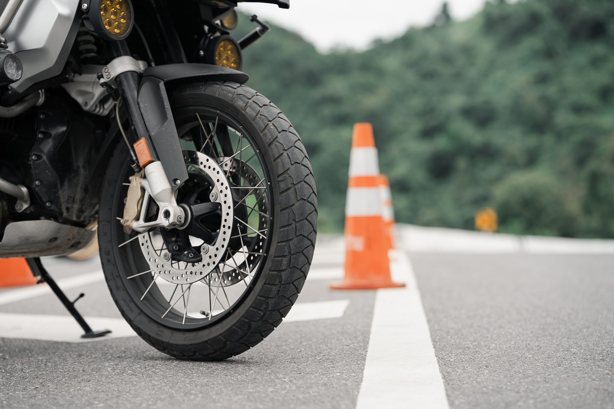 motorcycle wheel on road