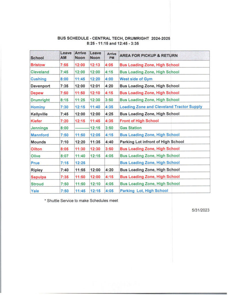 2024-2025 Central Tech bus schedule for Drumright classes