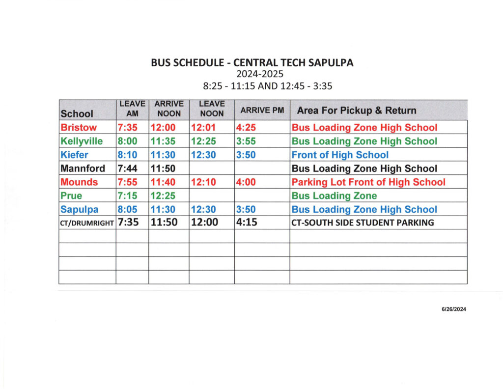 2024-2025 Central Tech bus schedule for Sapulpa classes